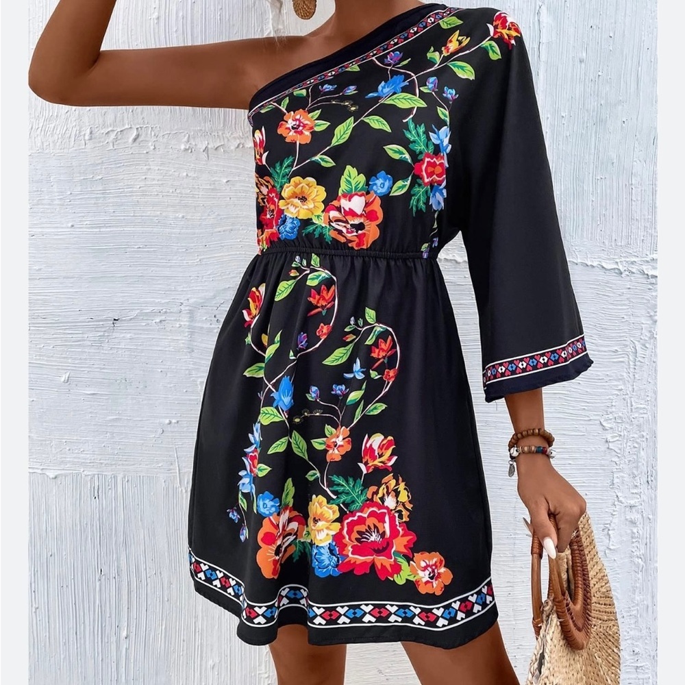 Bohemian one shoulder mini dress
